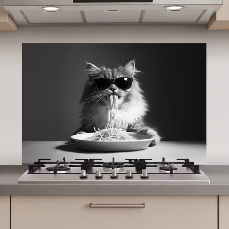 Langharige kat - Zonnebril - Spaghetti - Humor - Zwart - wit keuken achterwand spatscherm klein -3d_website