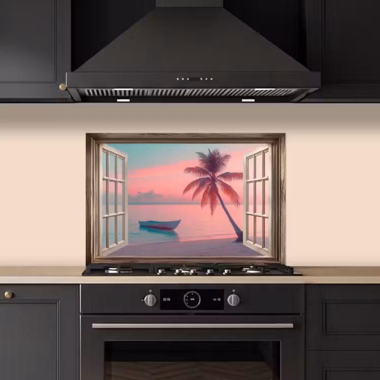 Doorkijk - Strand - Palmboom - Tropisch keuken achterwand spatscherm klein -sfeer1