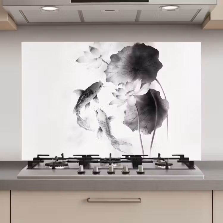 Lotusbloemen - Vissen - Bladeren - Zwart keuken achterwand spatscherm klein -3d_website