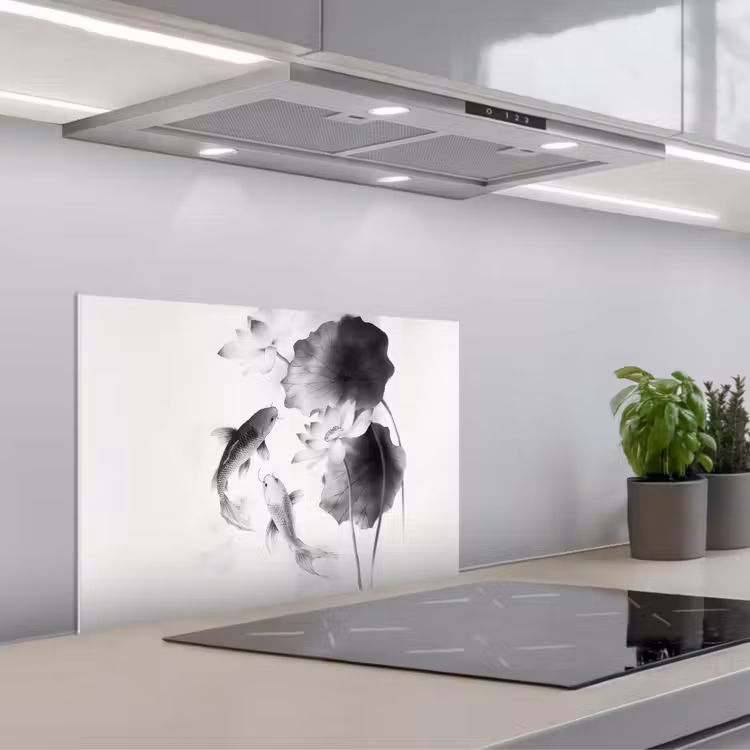 Lotusbloemen - Vissen - Bladeren - Zwart keuken achterwand spatscherm klein -3d_schuin