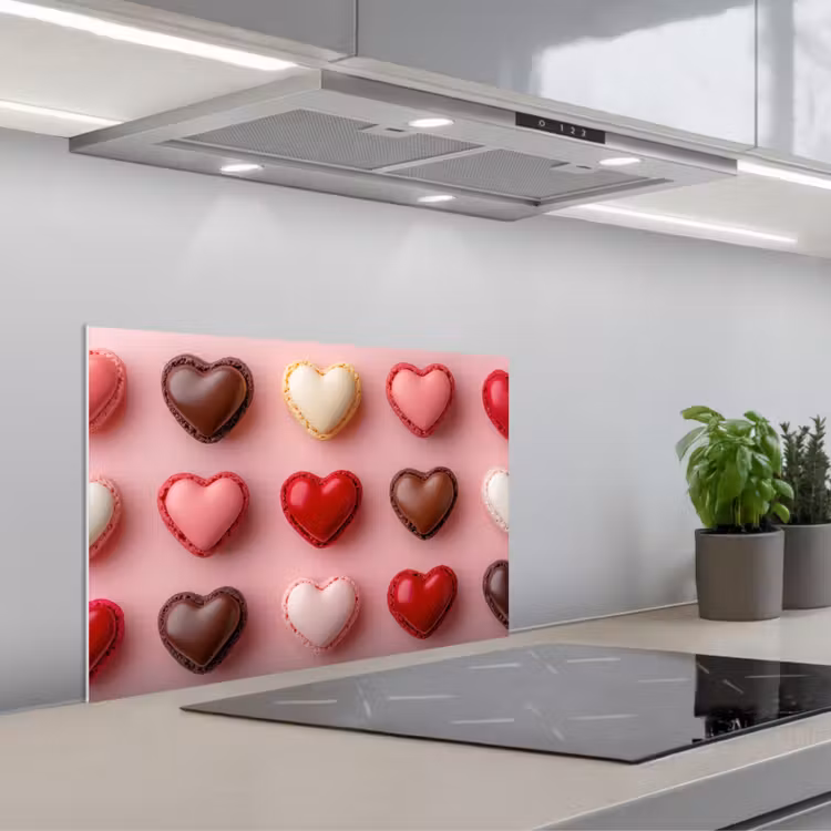 Macarons - Hartjes - Kleurrijk - Roze keuken achterwand spatscherm klein -3d_schuin