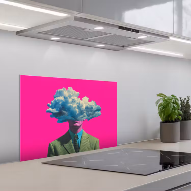 Man - Pak - Wolk - Roze keuken achterwand spatscherm klein -3d_schuin