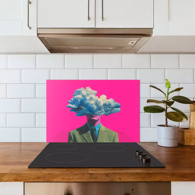 Man - Pak - Wolk - Roze keuken achterwand spatscherm klein -sfeer2