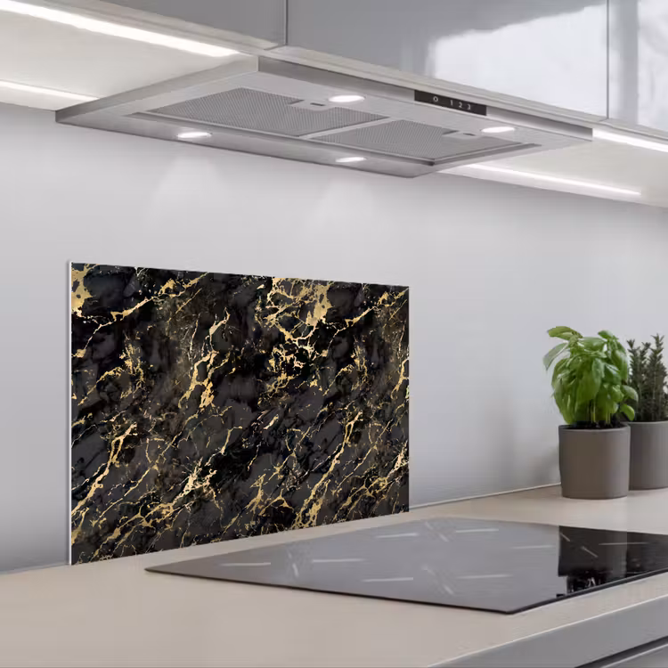 Marmer - Zwart - Goudstructuur keuken achterwand spatscherm klein 900 -3d_schuin