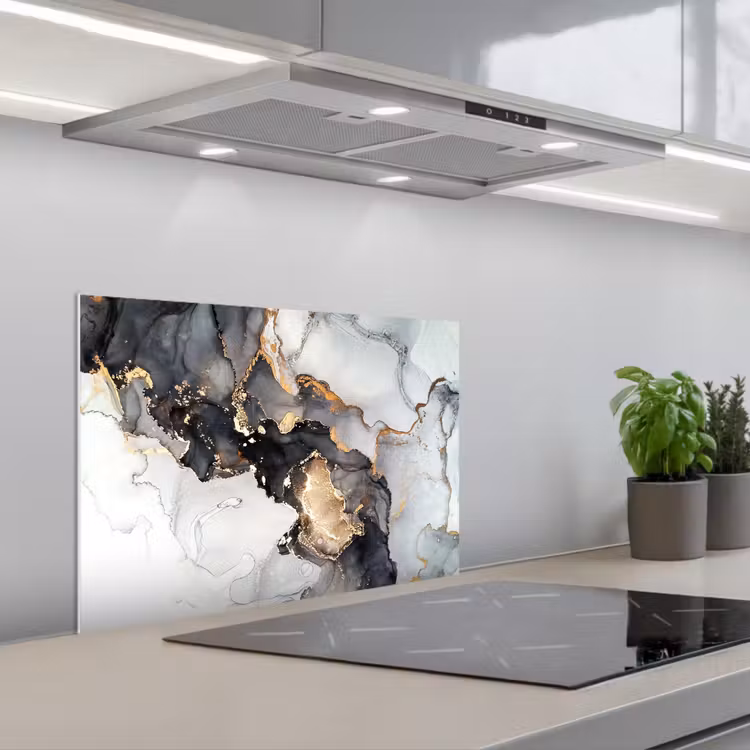 Marmer - Goud - Abstract - Zwart Wit - Luxe keuken achterwand spatscherm klein -3d_schuin