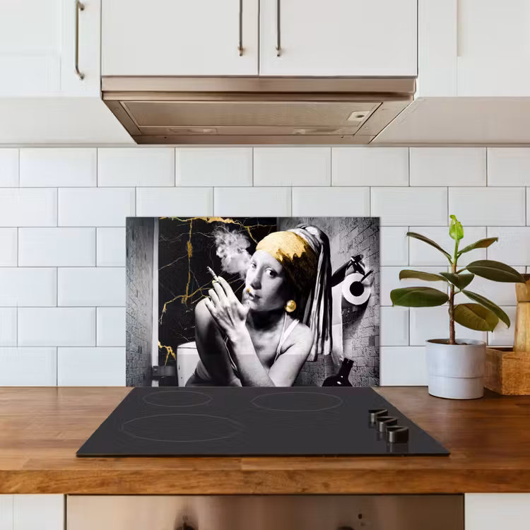 Marmerlook - Meisje met de parel - Sigaretten - Toilet - Goud - Kunst - Oude meesters keuken achterwand spatscherm klein -sfeer2
