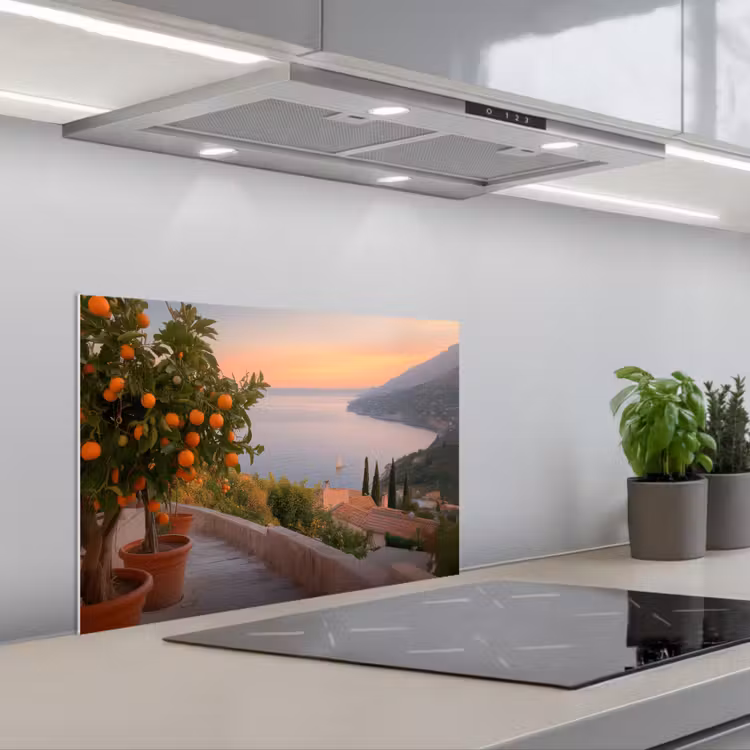 Middelandse zee - Sinaasappel - Heuvels - Zee keuken achterwand spatscherm klein -3d_schuin