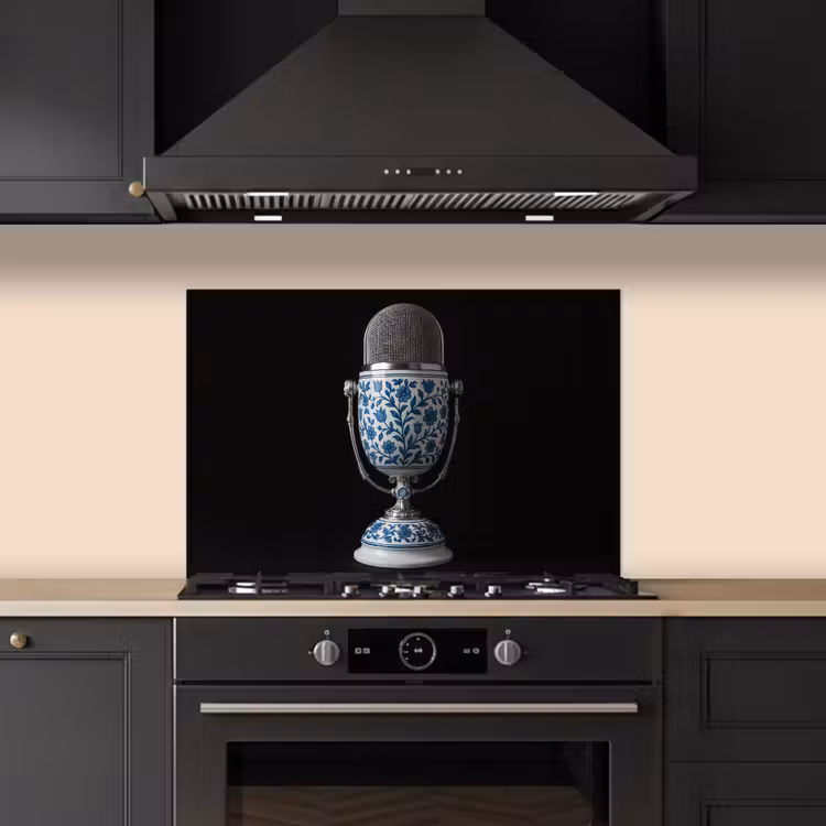 Microfoon - Delfts blauw - Muziek keuken achterwand spatscherm klein -sfeer1