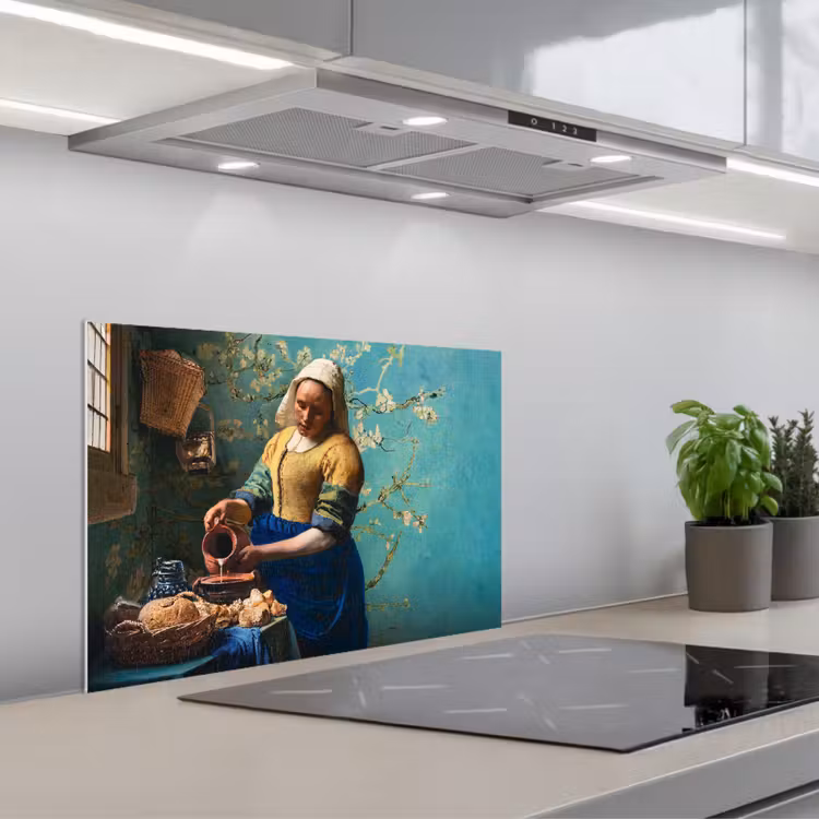 Melkmeisje - Amandelbloesem - Van Gogh - Vermeer - Schilderij - Oude meesters keuken achterwand spatscherm klein -3d_schuin