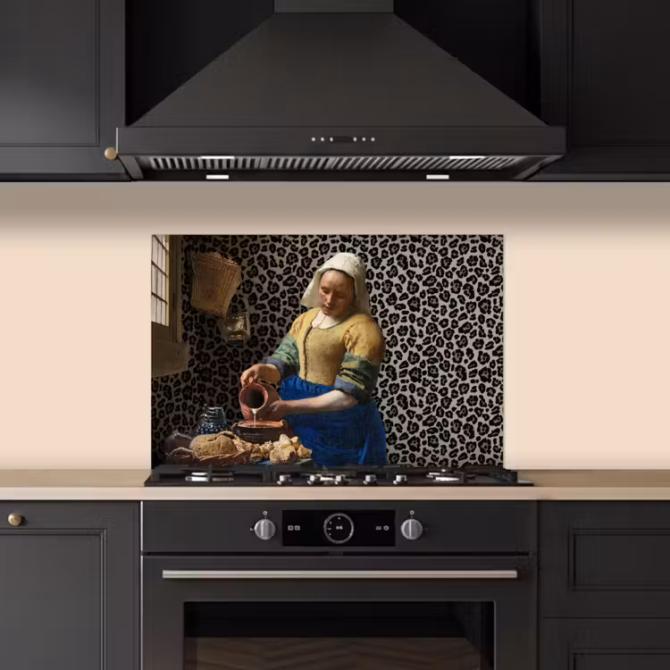 Melkmeisje - Kunst - Panterprint - Vermeer - Schilderij - Oude meesters keuken achterwand spatscherm klein -sfeer1