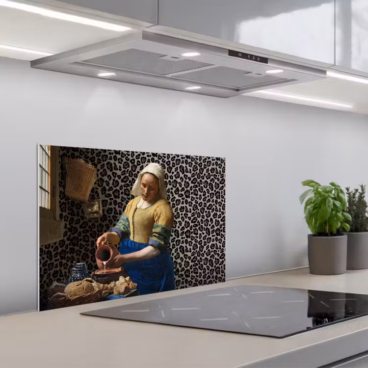 Melkmeisje - Kunst - Panterprint - Vermeer - Schilderij - Oude meesters keuken achterwand spatscherm klein -3d_schuin