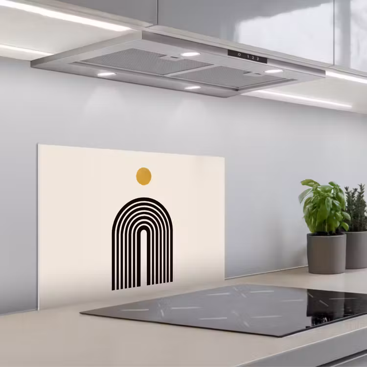 Minimalistisch - Zwarte boog - Gouden cirkel keuken achterwand spatscherm klein -3d_schuin