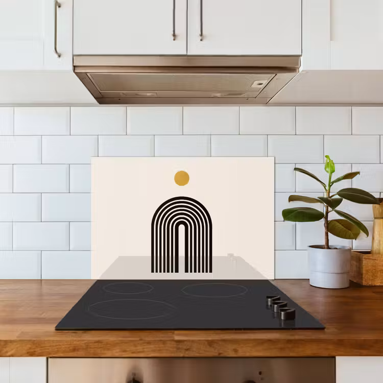 Minimalistisch - Zwarte boog - Gouden cirkel keuken achterwand spatscherm klein -sfeer2