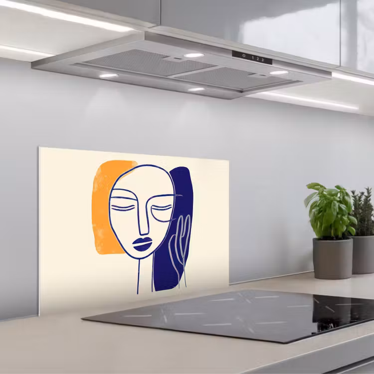 Minimalistisch - Gezicht - Hand - Oranje - Blauw keuken achterwand spatscherm klein -3d_schuin