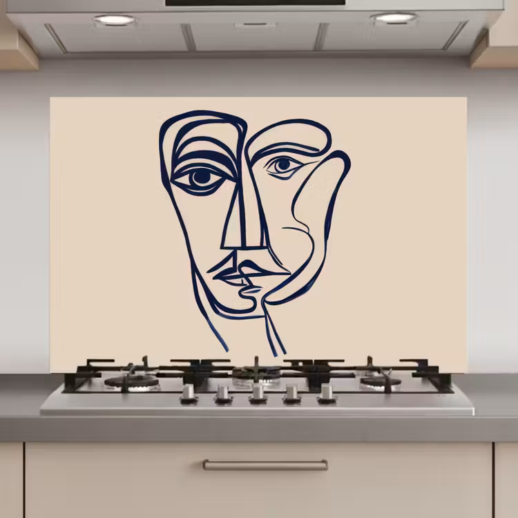 Minimalistisch - Lijnillustratie - Beige - Donkerblauw keuken achterwand spatscherm klein -3d_website