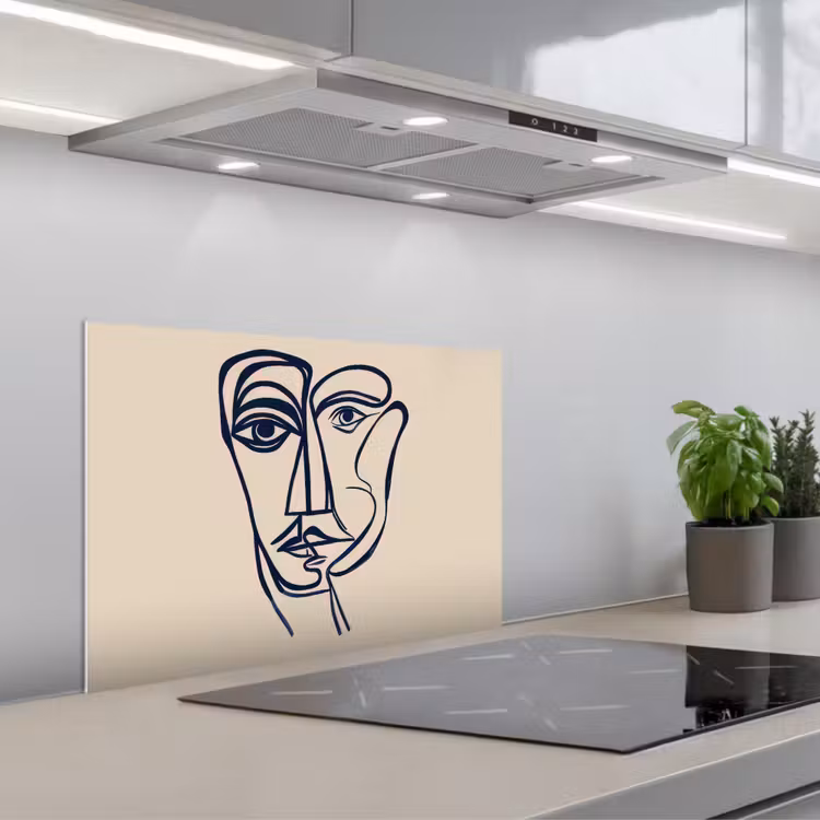 Minimalistisch - Lijnillustratie - Beige - Donkerblauw keuken achterwand spatscherm klein -3d_schuin