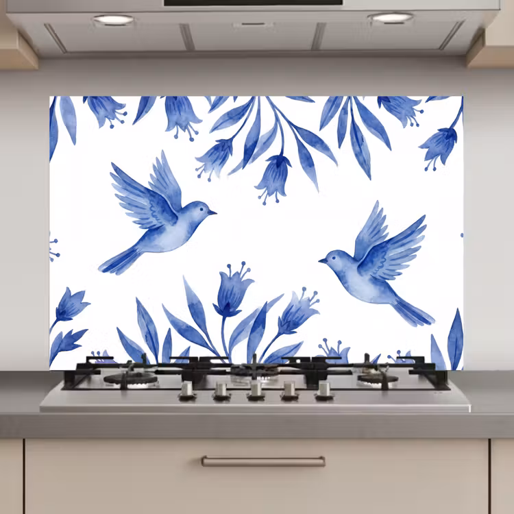 Modern - Vogels - Delfts - Blauw keuken achterwand spatscherm klein -3d_website