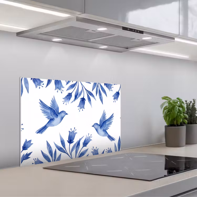 Modern - Vogels - Delfts - Blauw keuken achterwand spatscherm klein -3d_schuin