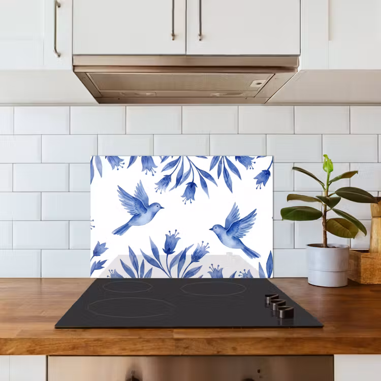 Modern - Vogels - Delfts - Blauw keuken achterwand spatscherm klein -sfeer2