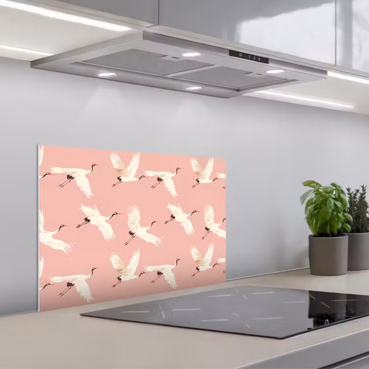 Modern - Kraanvogels - Roze keuken achterwand spatscherm klein 900 -3d_schuin