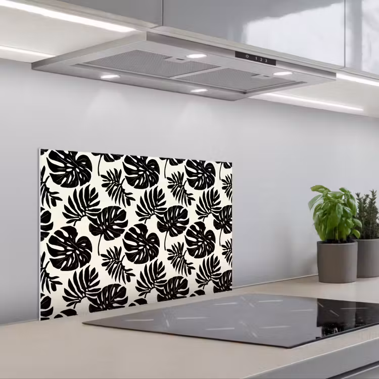 Modern - Monstera - Zwart keuken achterwand spatscherm klein 900 -3d_schuin