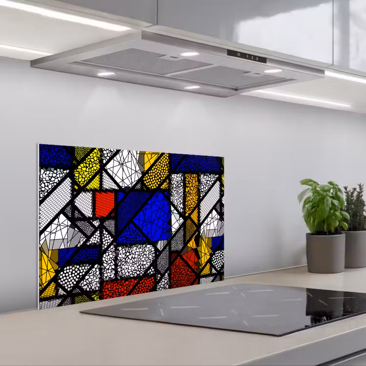 Mondriaan - Glas in lood - Oude Meesters - Kunstwerk - Abstract - Schilderij keuken achterwand spatscherm klein -3d_schuin