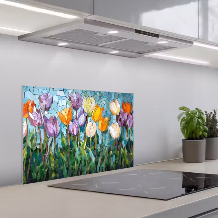 Mozaïek - Veld - Tulpen - Kleurrijk keuken achterwand spatscherm klein -3d_schuin
