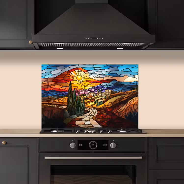 Mozaïek - Zon - Landschap - Dorp keuken achterwand spatscherm klein -sfeer1