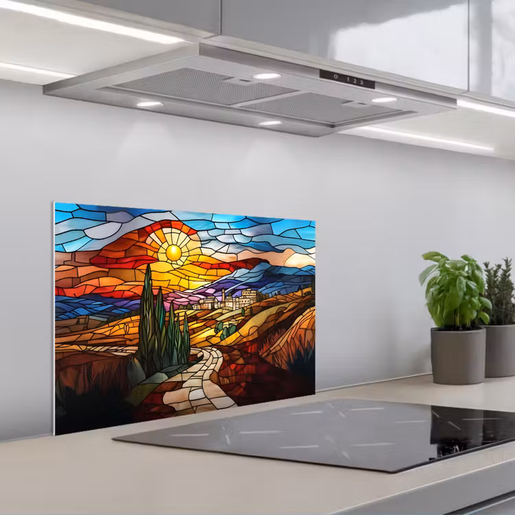 Mozaïek - Zon - Landschap - Dorp keuken achterwand spatscherm klein -3d_schuin