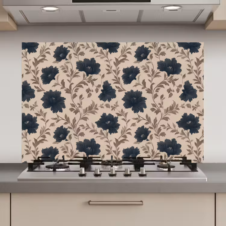 Motief - Bloemen - Zwart - Beige keuken achterwand spatscherm klein 900 -3d_website