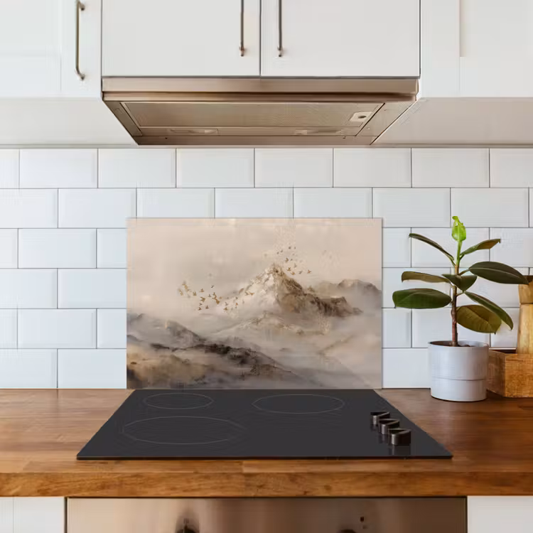 Berglandschap - Mist  - Penseelstreken keuken achterwand spatscherm klein -sfeer2