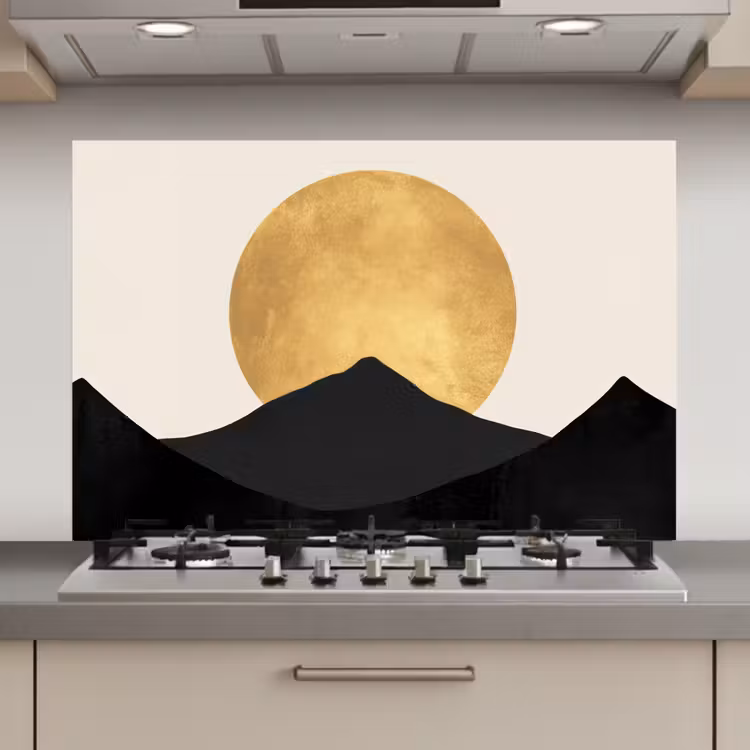 Bergsilhouetten - Gouden cirkel - Beige keuken achterwand spatscherm klein -3d_website