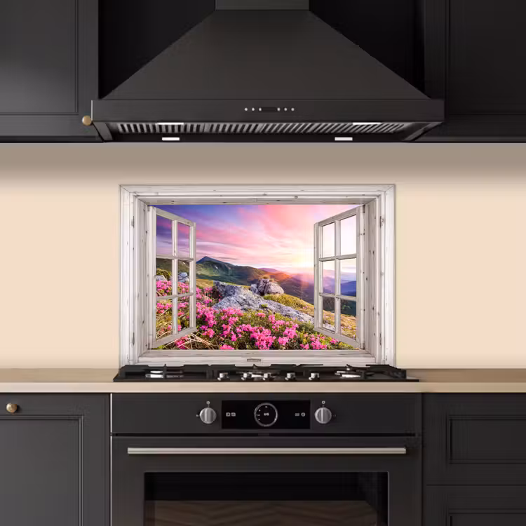 Bergen - Landschap - Doorkijk - Bloemen - Avond - Roze keuken achterwand spatscherm klein -sfeer1