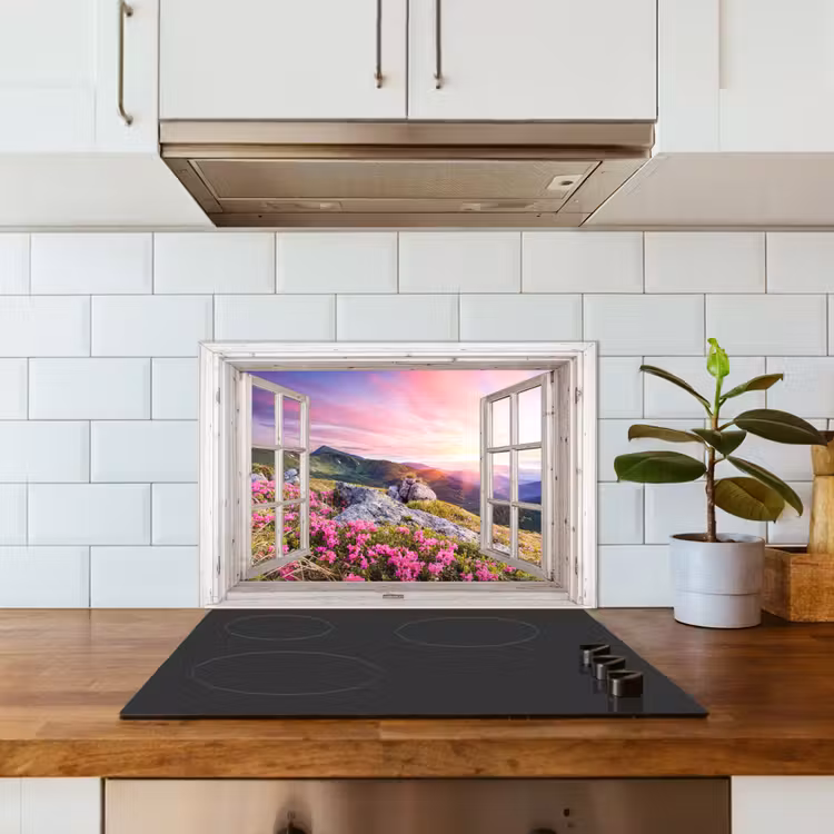 Bergen - Landschap - Doorkijk - Bloemen - Avond - Roze keuken achterwand spatscherm klein -sfeer2