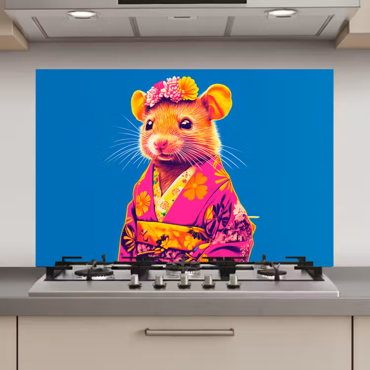 Muis - Kimono - Bloemen - Blauw keuken achterwand spatscherm klein -3d_website