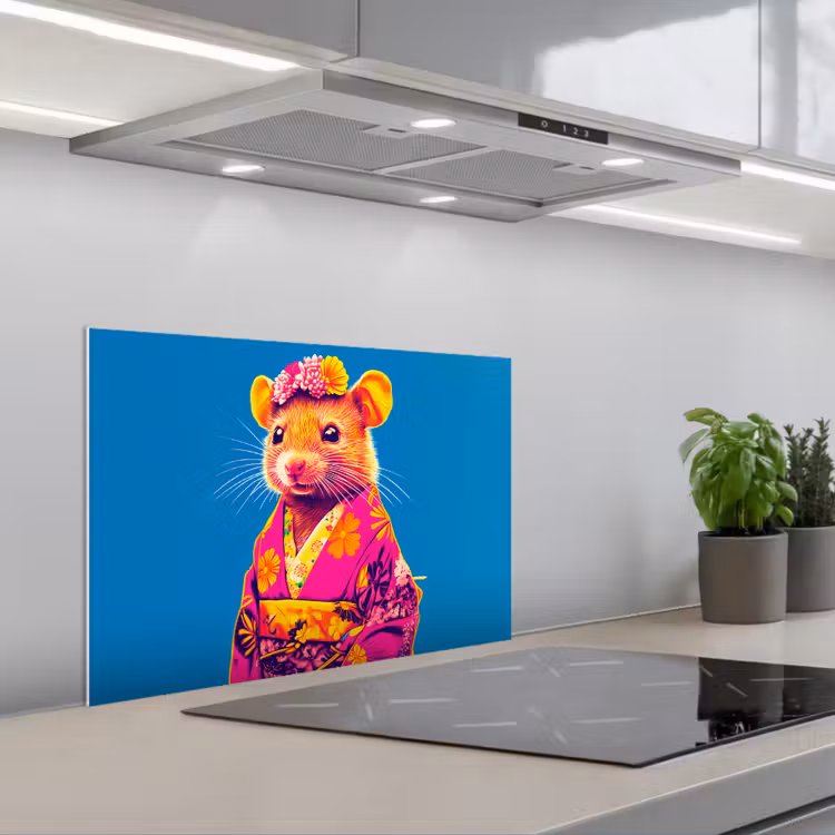 Muis - Kimono - Bloemen - Blauw keuken achterwand spatscherm klein -3d_schuin