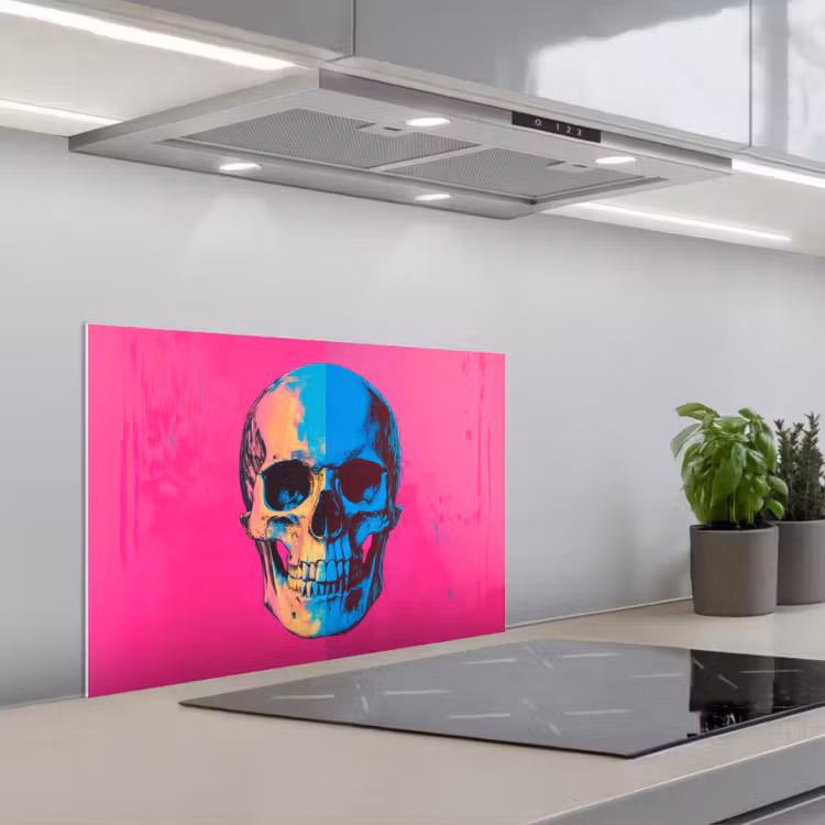 Neon - Blauw - Pop-art - Schedel keuken achterwand spatscherm klein -3d_schuin