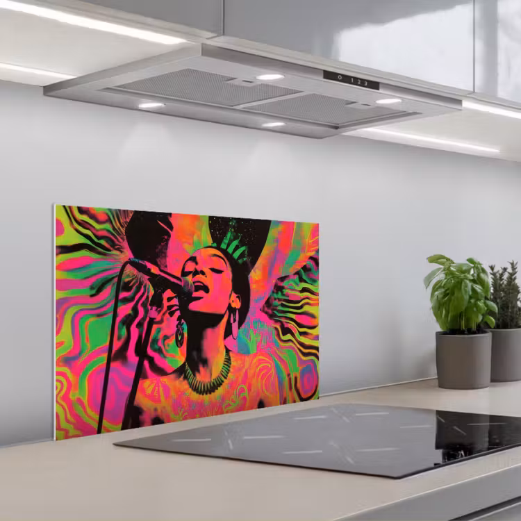 Neon - Vrouw - Microfoon keuken achterwand spatscherm klein -3d_schuin