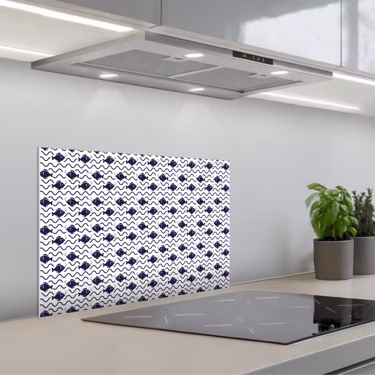 Oceaan - Visachtig - Blauw - Wit keuken achterwand spatscherm klein 900 -3d_schuin