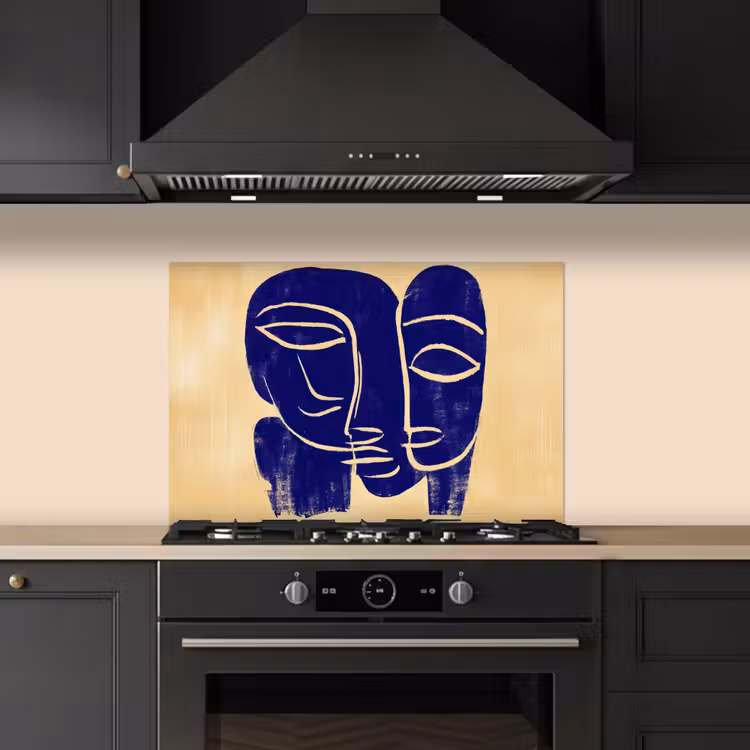 Okergeel - Blauw - Eenvoudige lijnen keuken achterwand spatscherm klein -sfeer1