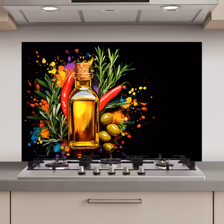 Olijfolie - Graffiti - Peper - Olijven - Modern keuken achterwand spatscherm klein -3d_website