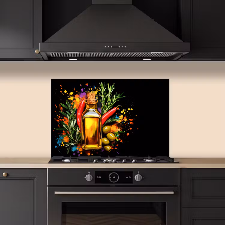Olijfolie - Graffiti - Peper - Olijven - Modern keuken achterwand spatscherm klein -sfeer1