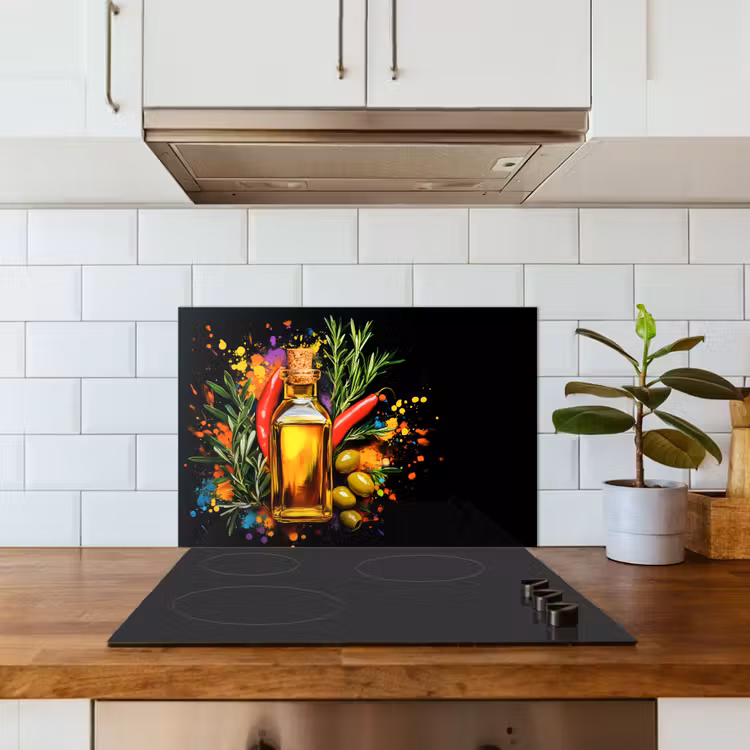 Olijfolie - Graffiti - Peper - Olijven - Modern keuken achterwand spatscherm klein -sfeer2