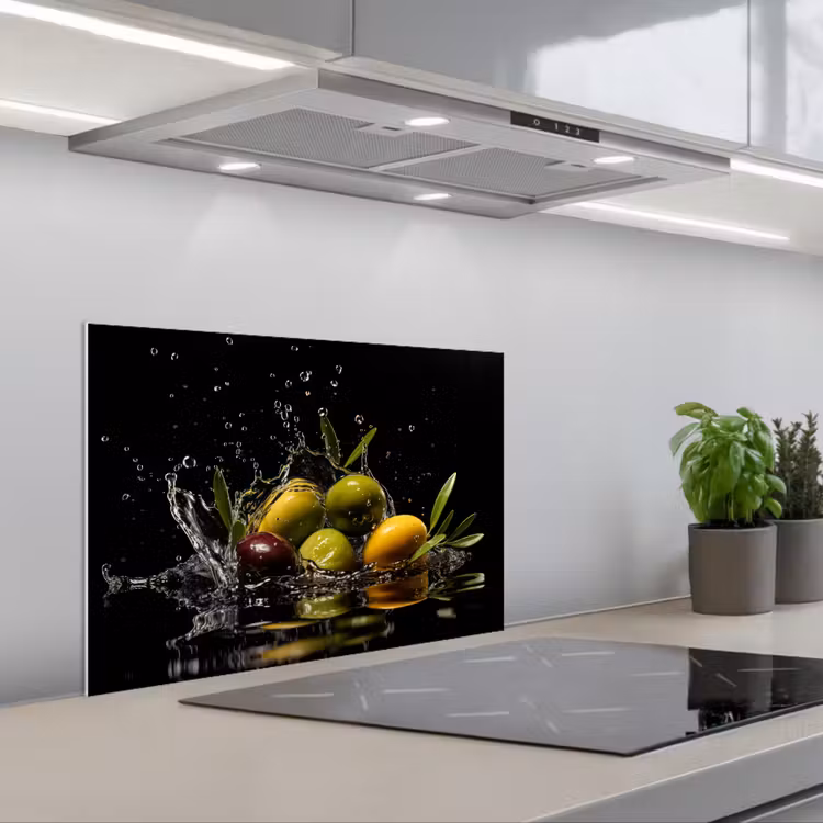 Olijven - Groen - Water - Zwart keuken achterwand spatscherm klein -3d_schuin