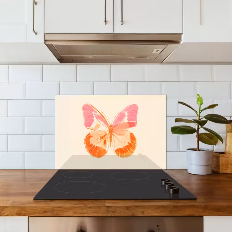 Oranje - Vlinder - Minimalistisch keuken achterwand spatscherm klein -sfeer2