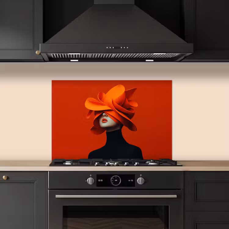 Oranje - Hoed - Vrouw keuken achterwand spatscherm klein -sfeer1