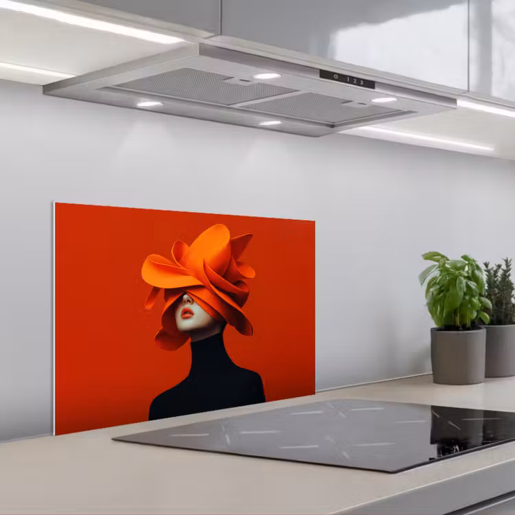 Oranje - Hoed - Vrouw keuken achterwand spatscherm klein -3d_schuin