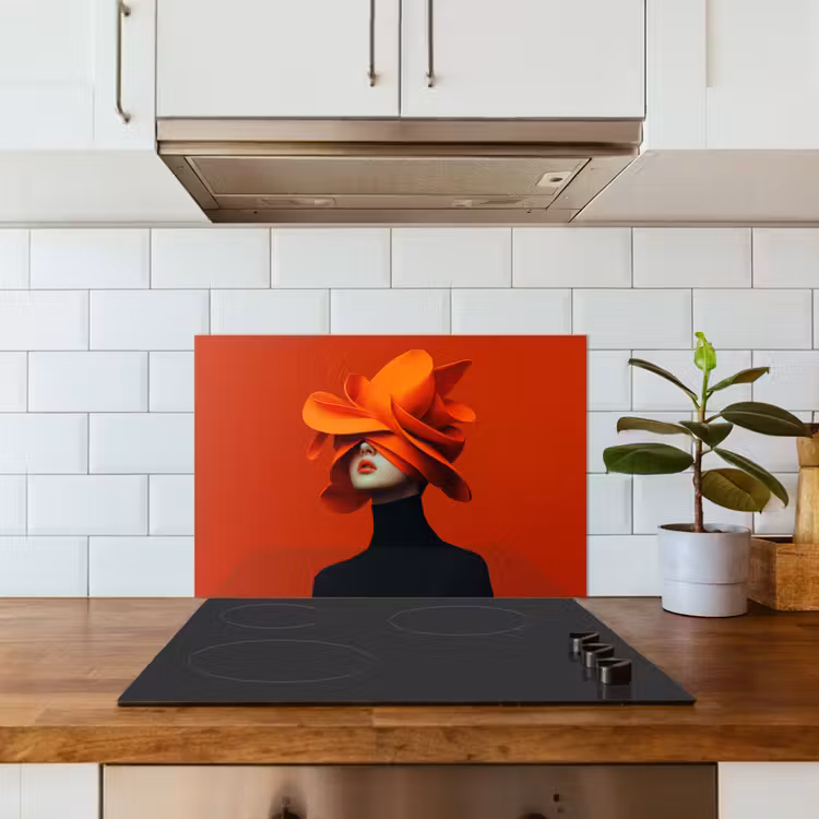 Oranje - Hoed - Vrouw keuken achterwand spatscherm klein -sfeer2