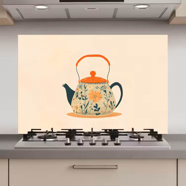 Oranje - Theepot - Bloemen - Bladeren keuken achterwand spatscherm klein -3d_website