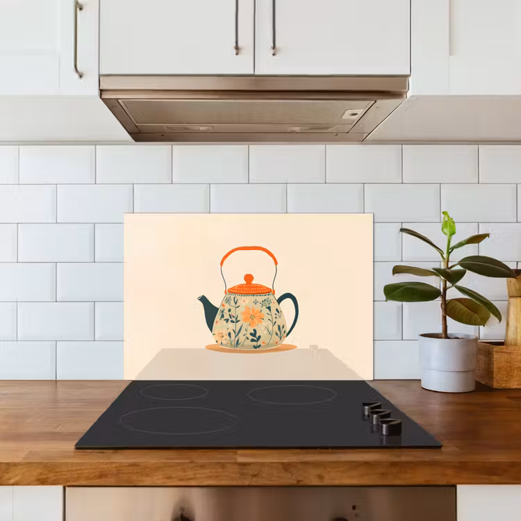 Oranje - Theepot - Bloemen - Bladeren keuken achterwand spatscherm klein -sfeer2